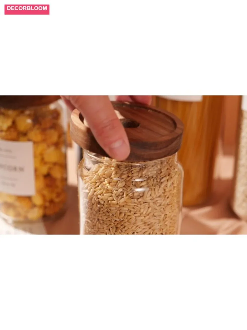 Set of 3 Glass Pantry Jars with Acacia Airtight Lids & 132 Labels